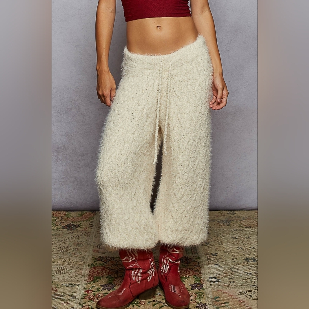 POL Cable Knit Fuzzy Sweater Pants - Cream Wide Leg Lounge Joggers